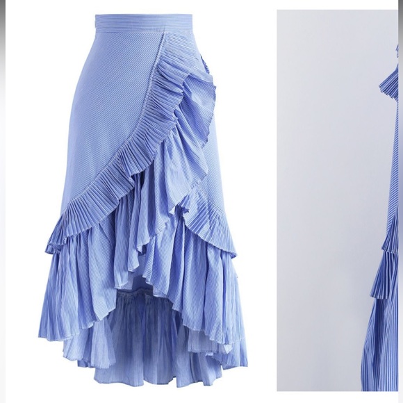Chicwish  RUFFLE TIERED FRILL HEM SKIRT IN BLUE STRIPES, size S - Picture 6 of 17